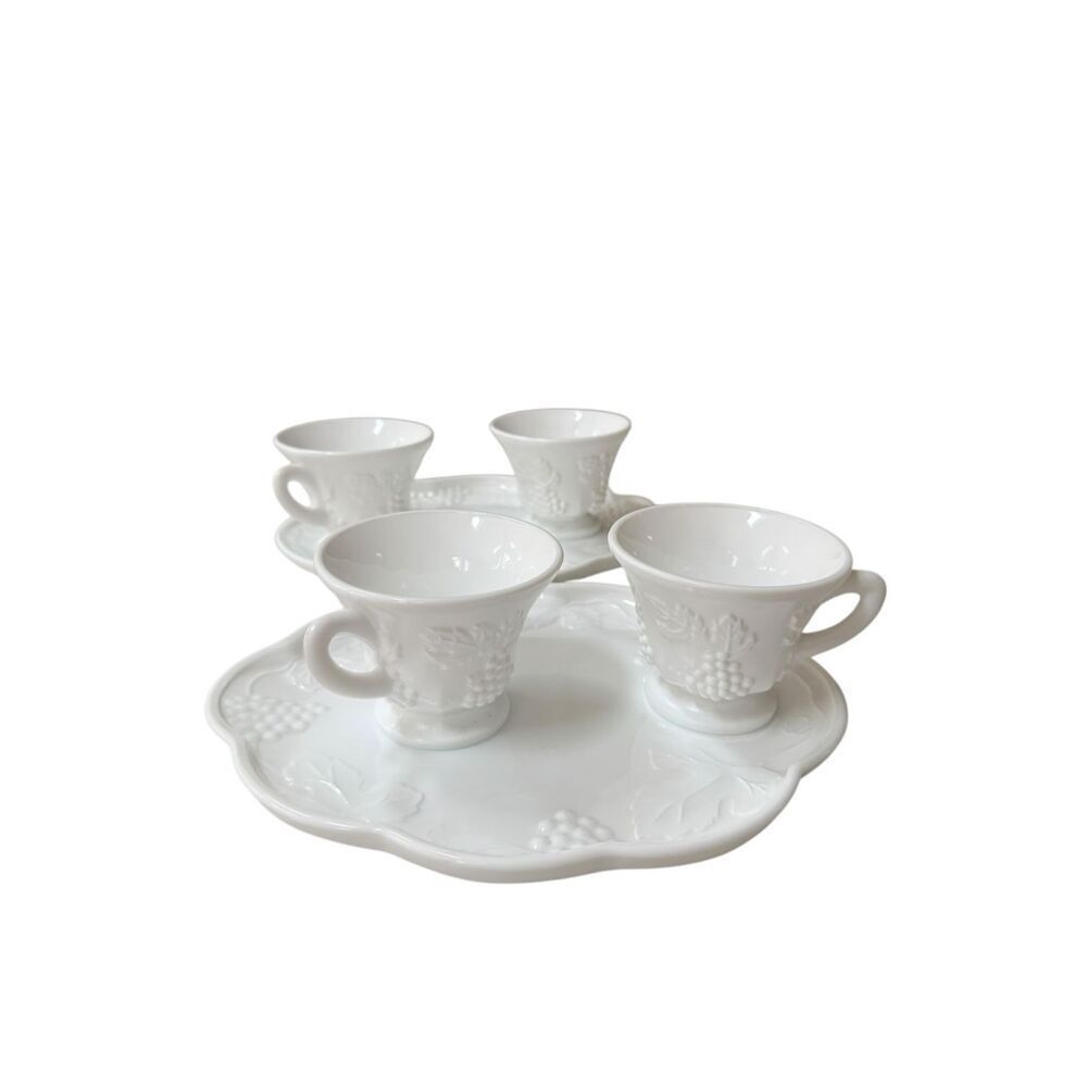 Indiana Colony Milk Glass Harvest Grapes Design Set of 4 Teacups and 2 Plates